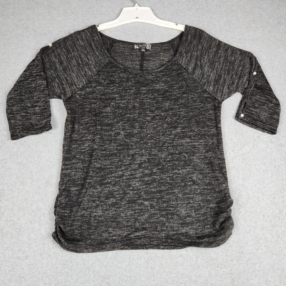Naif Blouse Top Womens Large Gray Scoop Neck Pearl Accent Side Ruched Shirt